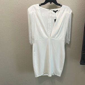 Plunge white dress with fringe